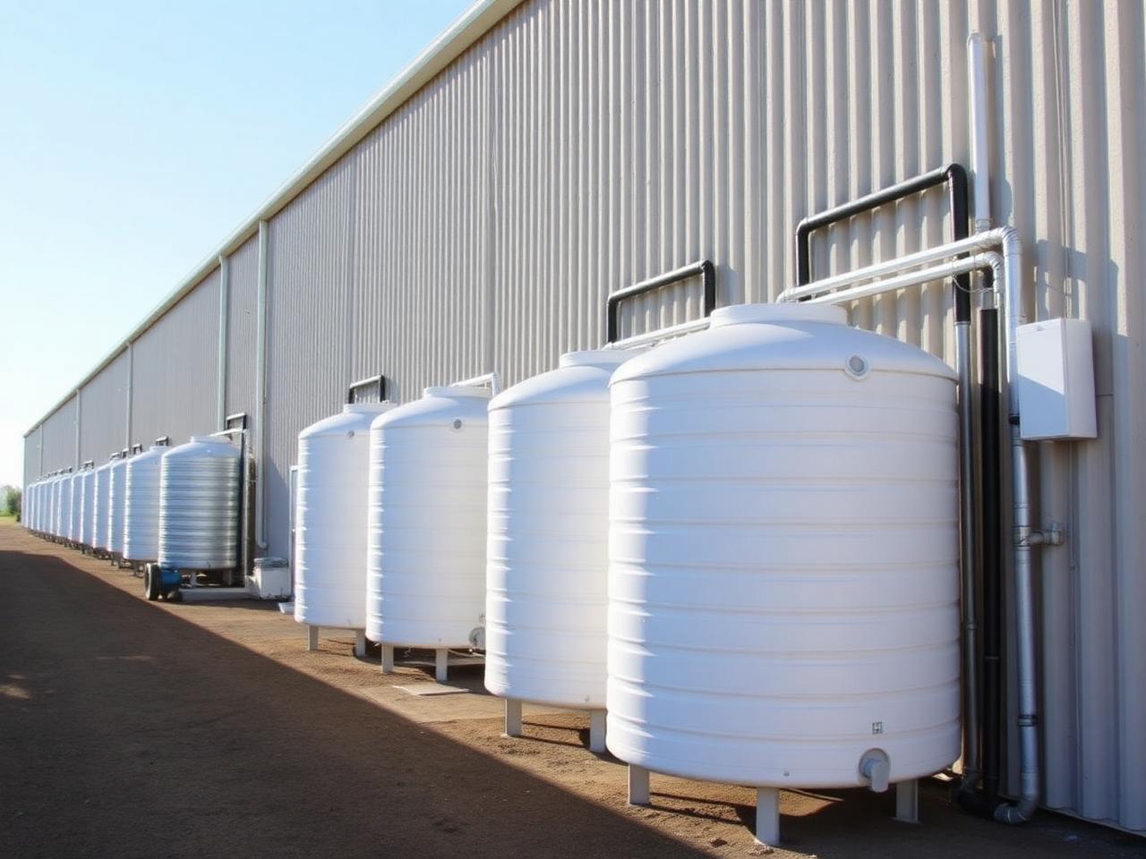 Water supply tanks and pipework on the exterior of a Central Valley agricultural packing house