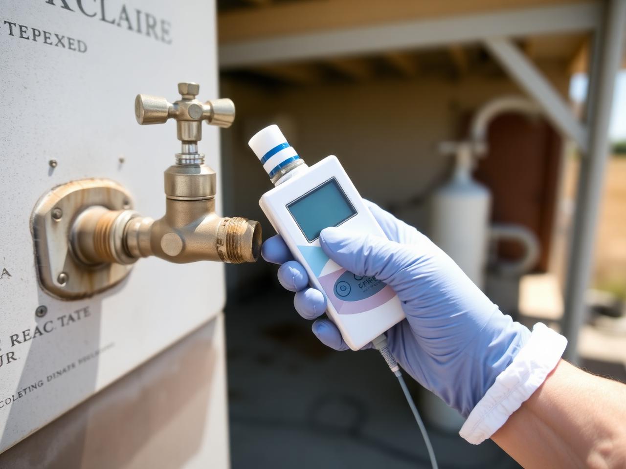 Chlorine residual being checked with a hand comparator at the tap of a rural Central Valley pump house
