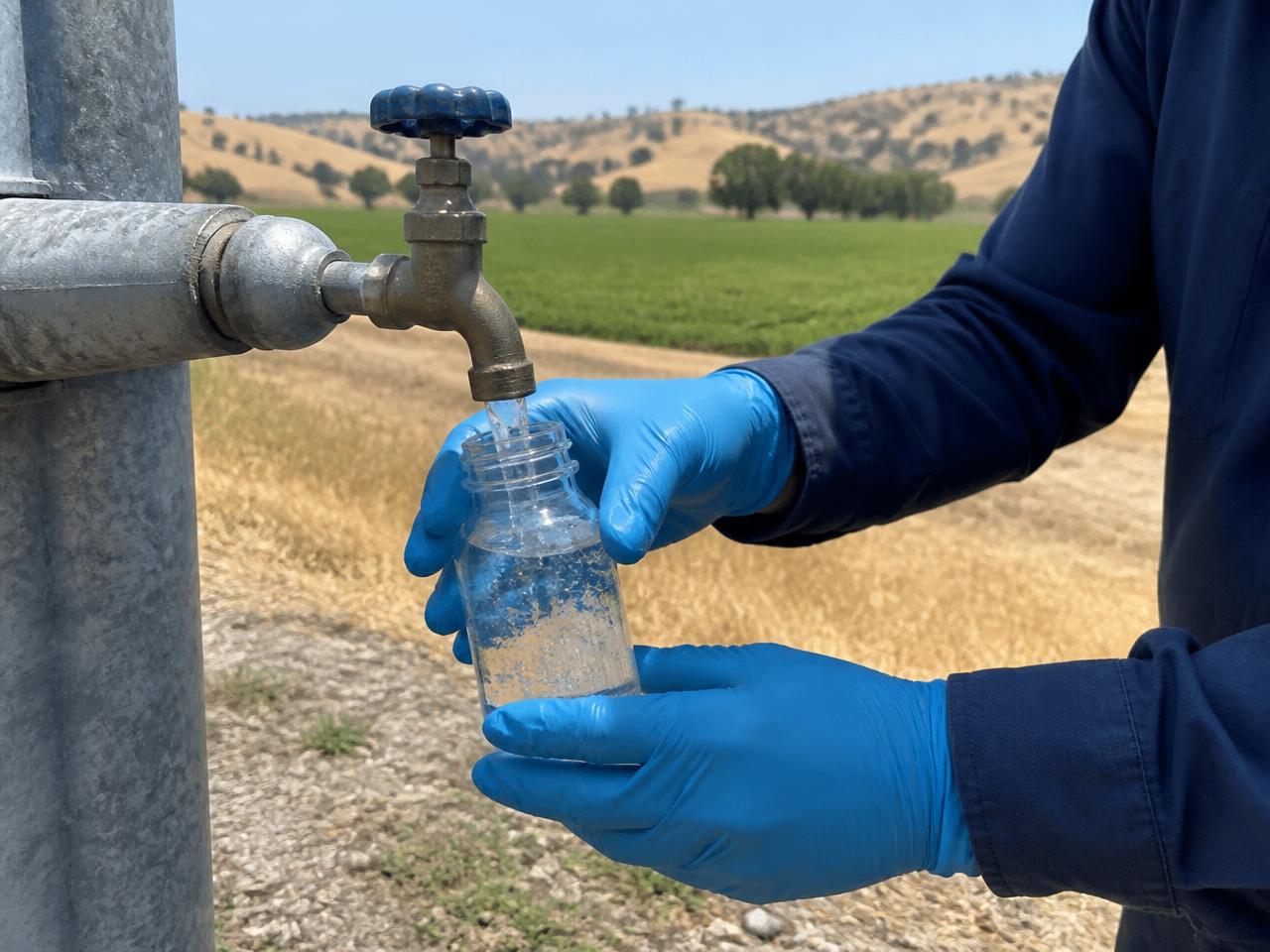 Gloved hands filling a sterile sample bottle from a galvanized well spigot in a rural Fresno county field
