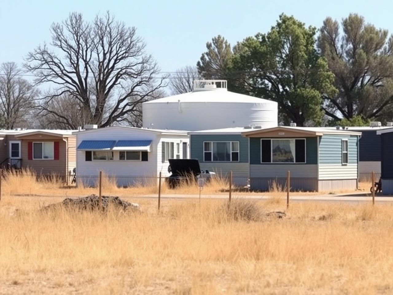 Rural mobile home community served by its own water storage tank in Fresno county farmland
