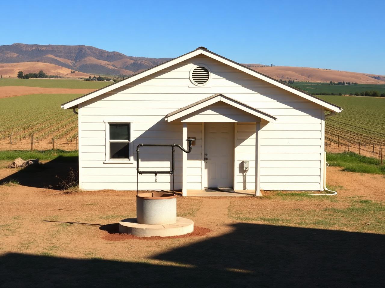 Small rural church with its own wellhead and pressure tank in the yard, a facility supplying its own drinking water