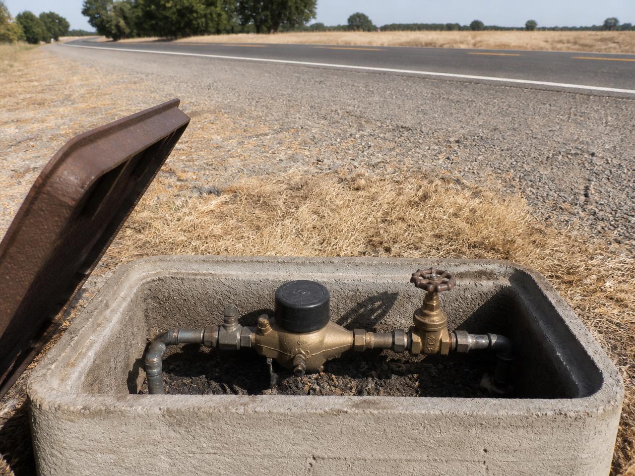 Open concrete meter vault with a brass water meter and shutoff valve beside a rural Central Valley road