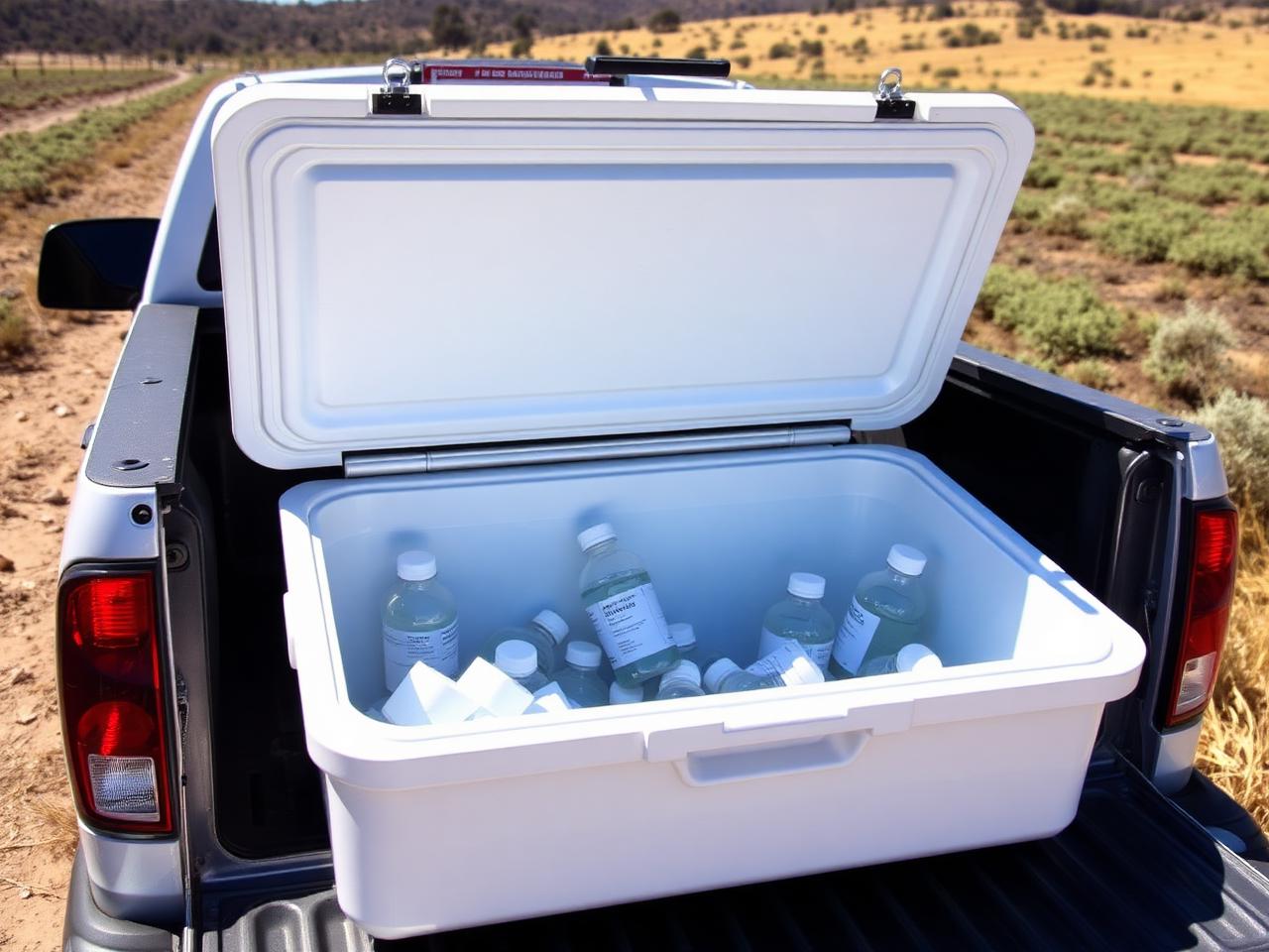 Insulated cooler with iced sample bottles open on a truck tailgate before the courier run to the laboratory