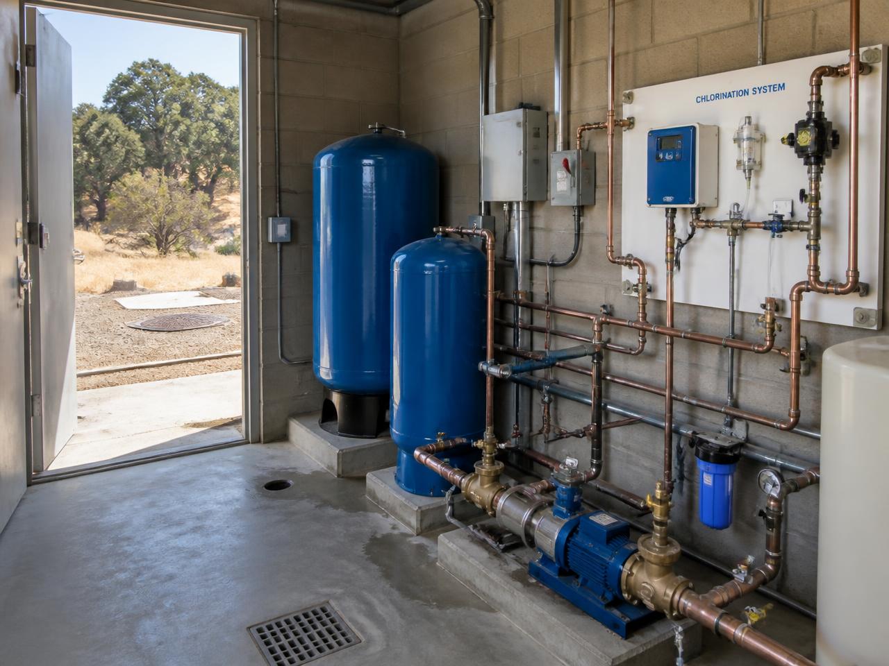 Chlorination equipment, pressure tanks and copper piping inside a small drinking water system pump house