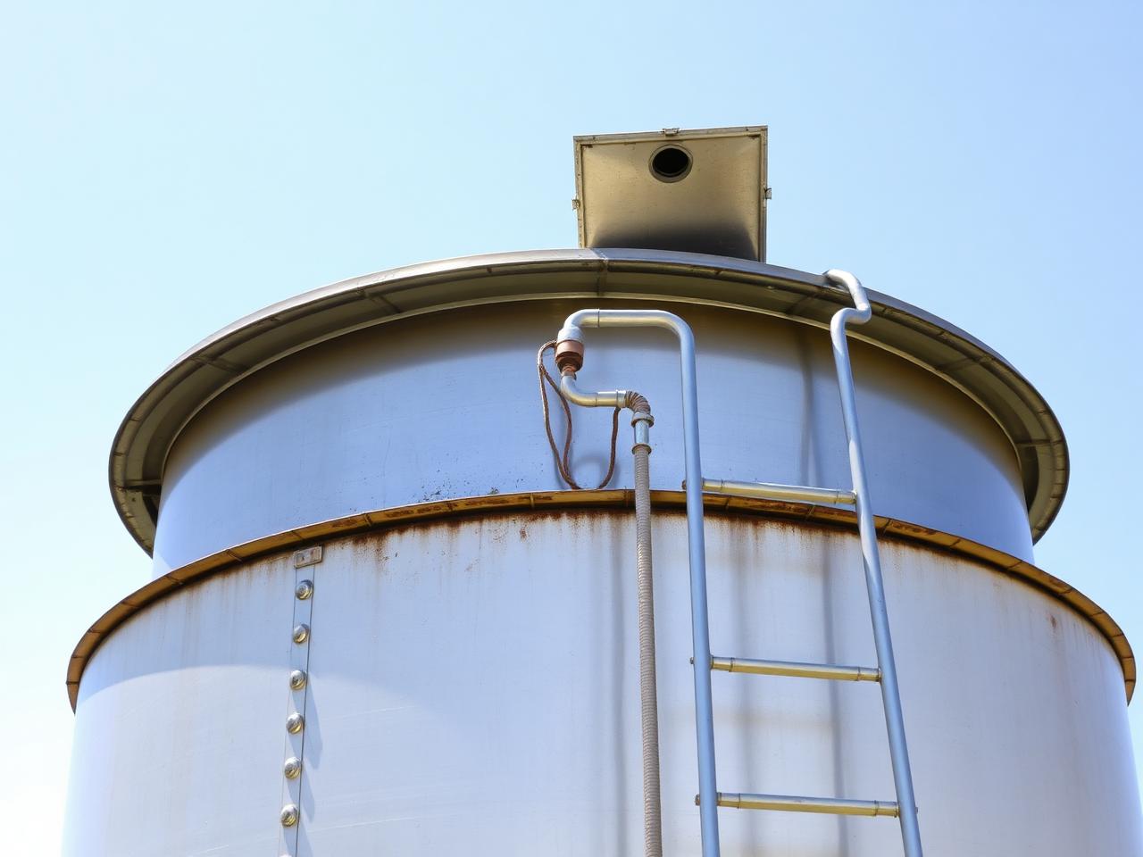 Inspection hatch and access ladder on a bolted steel water storage tank at a small Central Valley drinking water system