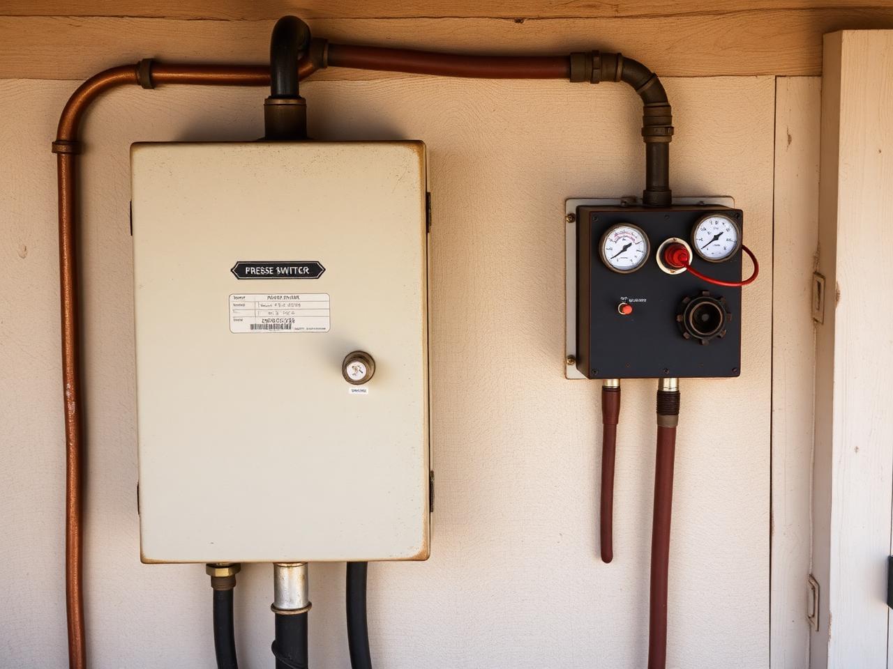 Control panel, pressure switch and gauges inside a small California well house that a contract operator monitors