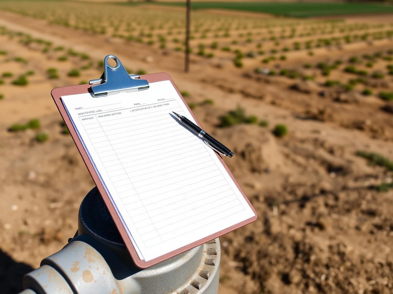 Monitoring log on a clipboard resting on a steel wellhead casing during a routine records check at a rural site